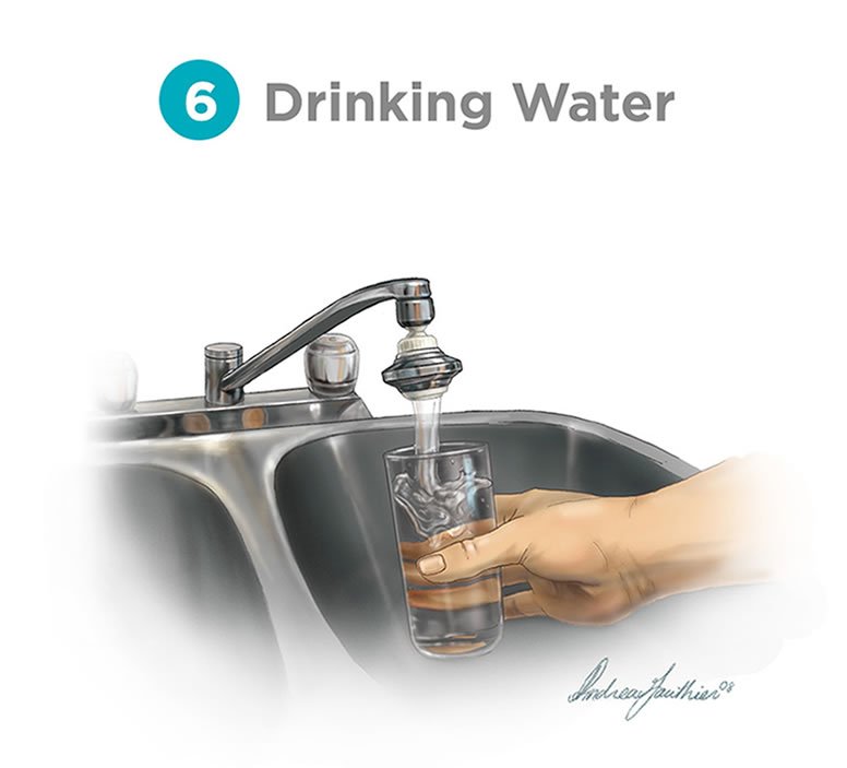 Illustration of a person filling a glass with water from the tap