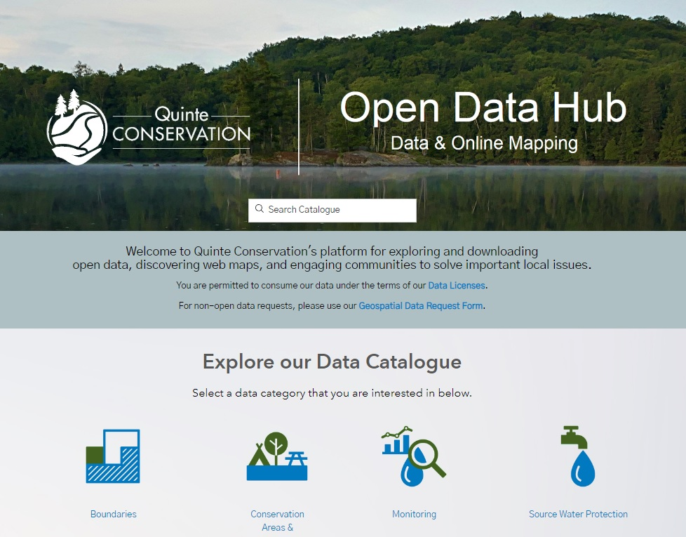 Image of the front end of Quinte Conservation's Open Data Hub website.