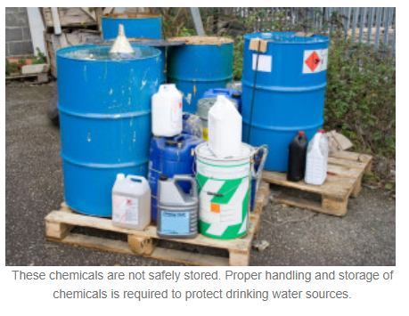 These chemicals are not safely stored. Proper handling and storage of chemicals is required to protect drinking water sources
