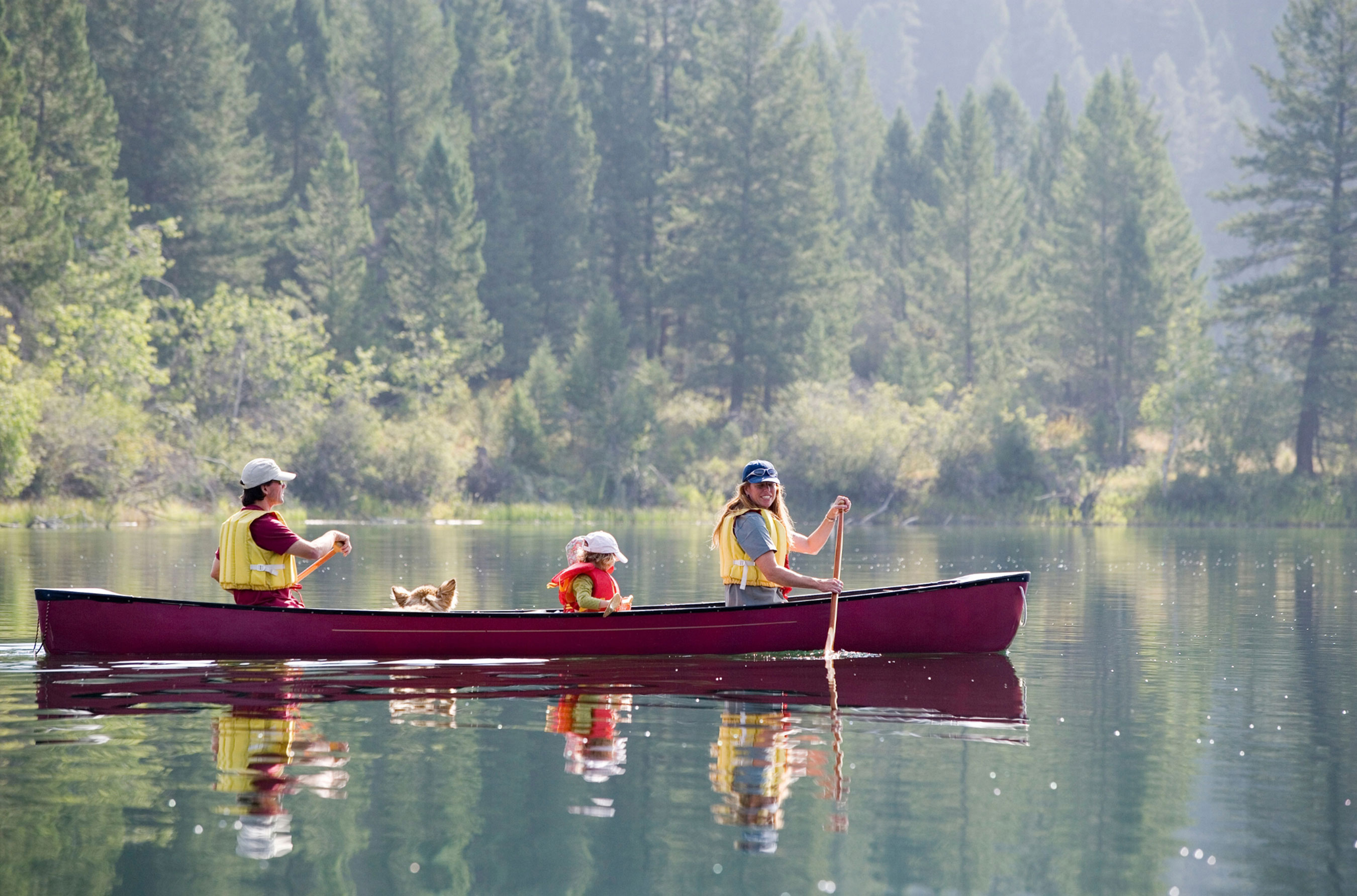 Three individuals and a dog canoeing on a serene lake surrounded by forested mountains.