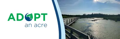 Promotional banner for "Adopt an Acre" featuring a scenic view of a sunlit wetland with a wooden walkway extending into the distance.