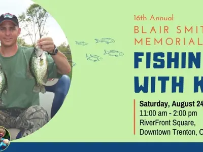Promotional banner for the 16th Annual Blair Smith Memorial Fishing with Kids event on August 29, 2024, featuring two individuals holding fish.