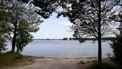 View of a serene lake through an opening between trees, with a clear sky above and a gentle path leading to the water's edge.