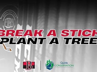 Promotional image featuring the logos of Belleville Sens and Quinte Conservation with text 'Break a Stick Plant a Tree' superimposed over a blurred forest background.