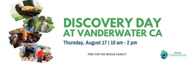 Promotional banner for Discovery Day at Vanderwater Conservation Area on Thursday, August 17 from 10 AM to 2 PM. Includes images of nature, wildlife, and families enjoying activities.