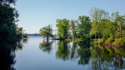 Calm river flanked by lush green trees under a clear blue sky.