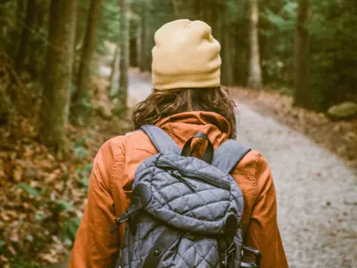 Person with a backpack walking on a forest trail.
